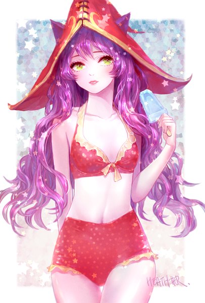 Anime picture 800x1180 with league of legends lulu (league of legends) heather37 single long hair tall image blush fringe light erotic holding green eyes animal ears looking away purple hair lips glow girl navel swimsuit hat