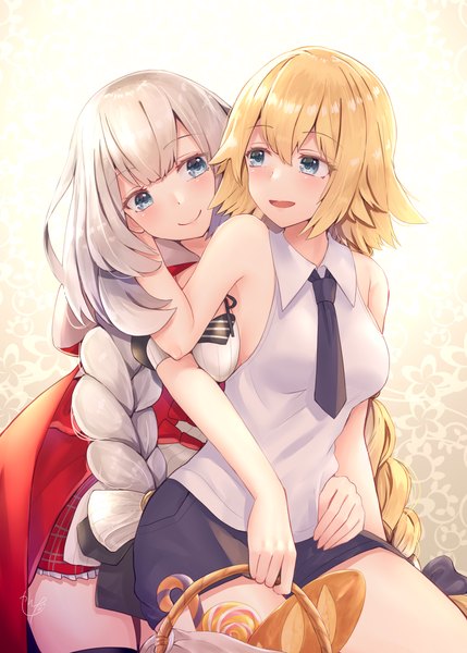 Anime picture 2591x3624 with fate (series) fate/grand order jeanne d'arc (fate) (all) jeanne d'arc (fate) marie antoinette (fate/grand order) narushima kanna long hair tall image blush fringe highres open mouth blue eyes blonde hair smile hair between eyes bare shoulders multiple girls holding signed