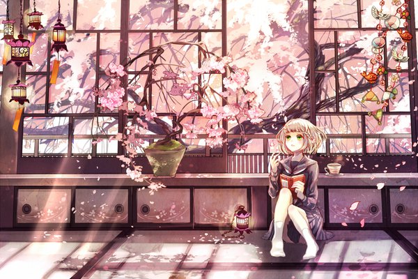 Anime picture 960x640 with original aiha-deko single short hair light erotic blonde hair sitting green eyes looking away bent knee (knees) indoors braid (braids) arm up sunlight shadow no shoes cherry blossoms sunbeam girl uniform