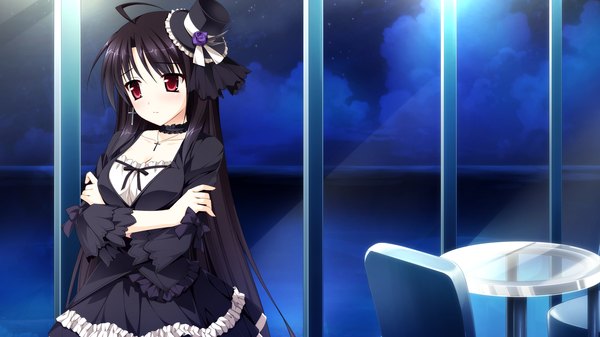 Anime picture 2560x1440 with otome ga tsumugu koi no canvas single long hair highres black hair red eyes wide image game cg crossed arms girl dress hat frills
