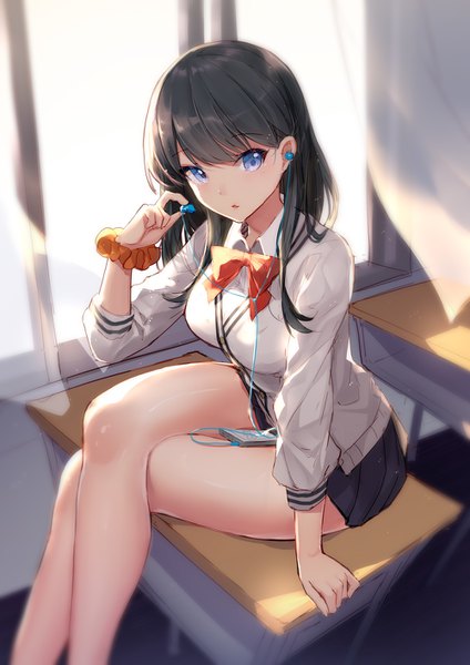 Anime picture 1000x1415 with gridman universe ssss.gridman studio trigger takarada rikka bison cangshu single long hair tall image looking at viewer blush fringe breasts blue eyes black hair sitting holding bent knee (knees) indoors parted lips pleated skirt