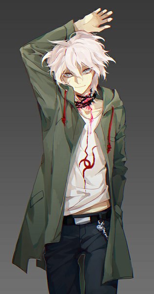 Anime picture 429x814 with dangan ronpa super dangan ronpa 2 komaeda nagito io (sinking=carousel) single tall image looking at viewer short hair simple background smile white hair arm up grey background bare belly grey eyes hand in pocket boy blood thorns