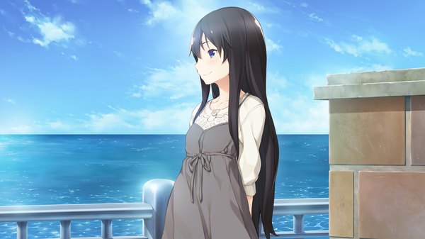 Anime picture 2560x1440 with hana wa oritashi kozue wa takashi long hair highres blue eyes black hair wide image game cg cloud (clouds) girl dress