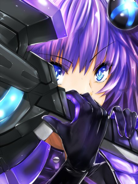 Anime picture 2000x2650 with choujigen game neptune purple heart shishin (shishintei) single long hair tall image looking at viewer fringe highres blue eyes holding purple hair symbol-shaped pupils close-up girl gloves hair ornament weapon sword