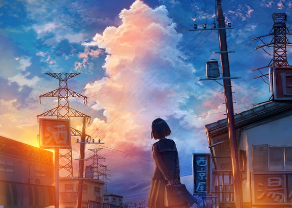 Anime picture 2800x2000 with original kenzo 093 single highres short hair black hair holding sky cloud (clouds) outdoors pleated skirt from behind back hands behind back morning sunrise girl skirt uniform serafuku