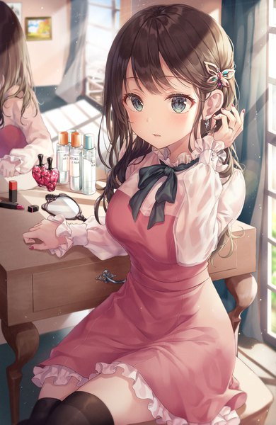 Anime picture 1500x2304 with original r o ha single long hair tall image looking at viewer blush fringe open mouth blue eyes brown hair sitting indoors long sleeves fingernails sunlight shadow reflection frilled dress sunbeam