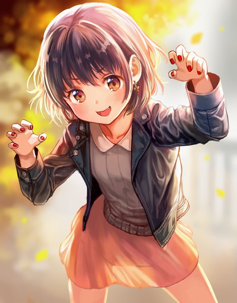 Anime picture 2724x3466 with original nishizawa single tall image looking at viewer blush fringe highres short hair open mouth brown hair standing brown eyes nail polish arms up open jacket fang (fangs) leaning leaning forward red nail polish