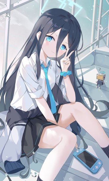 Anime picture 1212x2000 with blue archive aris (blue archive) serika single long hair tall image looking at viewer fringe blue eyes black hair smile hair between eyes sitting head tilt victory wrist scrunchie clothes around waist girl skirt miniskirt