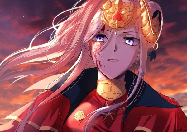 Anime picture 3035x2150 with fire emblem fire emblem: three houses nintendo edelgard von hresvelg san a aa single long hair looking at viewer fringe highres hair between eyes purple eyes absurdres sky cloud (clouds) upper body outdoors white hair parted lips horn (horns)