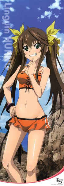 Anime picture 1997x5710 with infinite stratos 8bit fang linyin single long hair tall image blush highres light erotic brown hair twintails green eyes sky cloud (clouds) girl navel bow hair bow