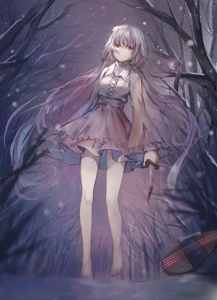 Anime picture 750x1038 with touhou tsukumo benben kita (kitairoha) single long hair tall image fringe breasts hair between eyes red eyes twintails holding purple hair full body outdoors long sleeves nail polish parted lips pleated skirt barefoot