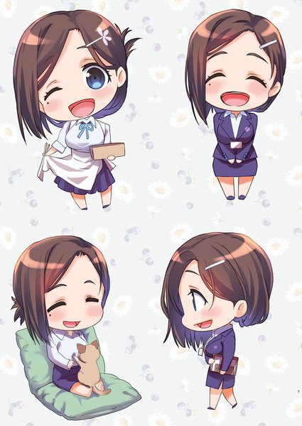 Anime picture 1062x1500 with getsuyoubi no tawawa pine jam kouhai-chan (tawawa) nanase meruchi tall image blush fringe short hair open mouth blue eyes simple background smile brown hair white background multiple girls full body eyes closed profile one eye closed wink