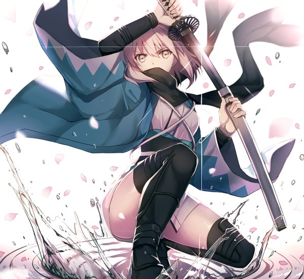 Anime picture 3000x2760 with fate (series) fate/grand order koha-ace okita souji (fate) (all) okita souji (koha-ace) akami fumio single looking at viewer fringe highres short hair light erotic simple background blonde hair hair between eyes white background holding yellow eyes full body bent knee (knees)
