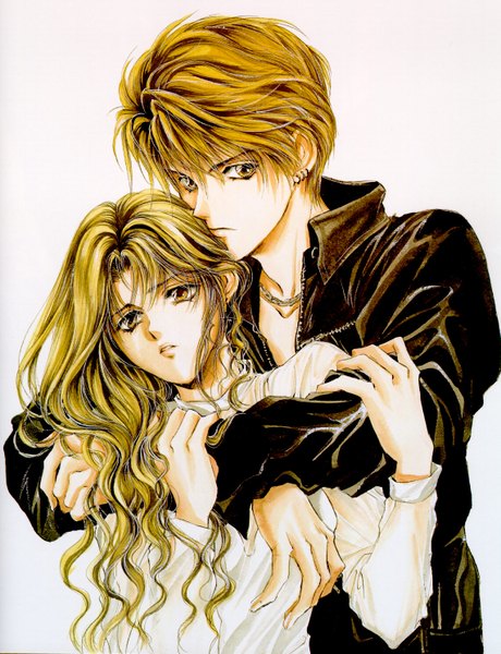 Anime picture 1141x1487 with angel sanctuary mudou setsuna mudo sara yuki kaori long hair tall image short hair simple background blonde hair white background yellow eyes open clothes open shirt couple hug girl boy earrings