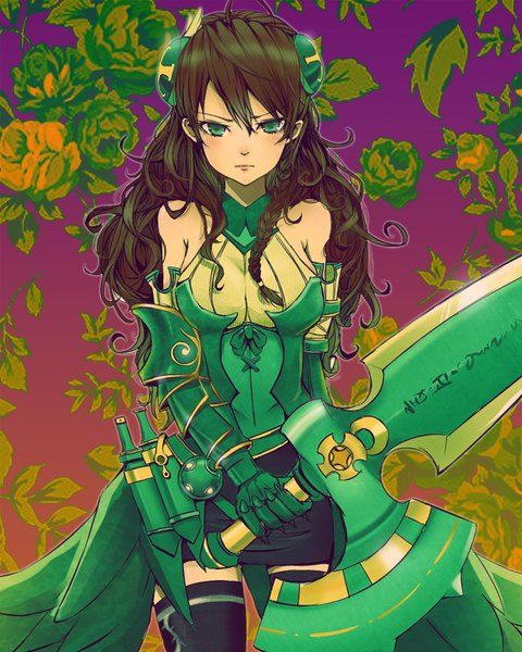 Anime picture 2480x3100 with puzzle & dragons valkyrie (p&d) mst1ng single long hair tall image looking at viewer highres black hair green eyes girl thighhighs weapon black thighhighs sword