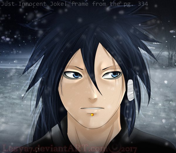 Anime picture 1100x957 with naruto studio pierrot naruto (series) otsutsuki indra lesya7 single short hair blue eyes black hair signed looking away inscription night night sky piercing portrait snowing snow eyeshadow bare tree