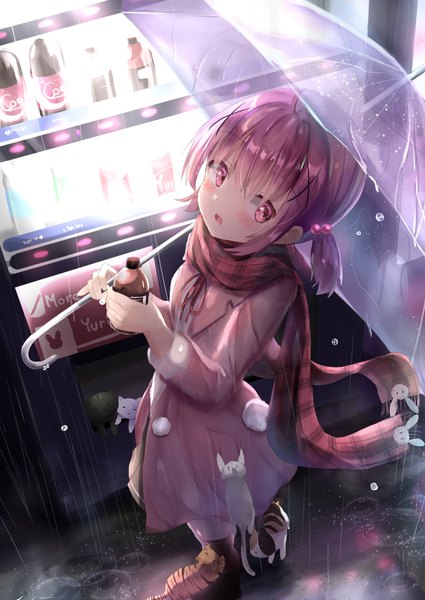 Anime picture 1062x1500 with original natuna natu single tall image looking at viewer blush fringe short hair open mouth standing twintails holding payot pink hair full body ahoge outdoors pink eyes from above short twintails