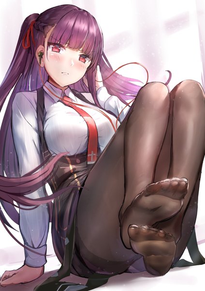 Anime picture 707x1000 with girls frontline wa2000 (girls frontline) qian wu atai single long hair tall image looking at viewer blush fringe breasts light erotic simple background red eyes large breasts sitting purple hair full body bent knee (knees) blunt bangs braid (braids)