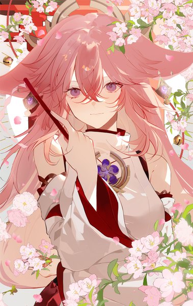Anime picture 2424x3836 with genshin impact yae miko wkwk0217 single long hair tall image looking at viewer fringe highres hair between eyes purple eyes animal ears pink hair upper body traditional clothes japanese clothes fox ears cherry blossoms miko girl