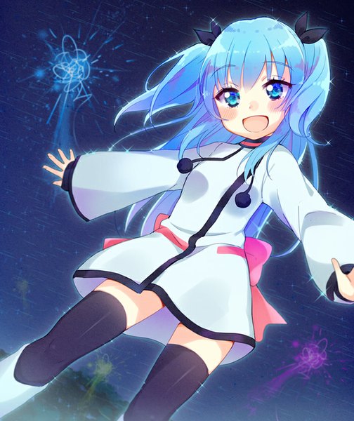 Anime picture 700x833 with sora no method noel (sora no method) hym9594 single long hair tall image looking at viewer blush fringe open mouth blue eyes blue hair :d two side up zettai ryouiki spread arms girl thighhighs black thighhighs