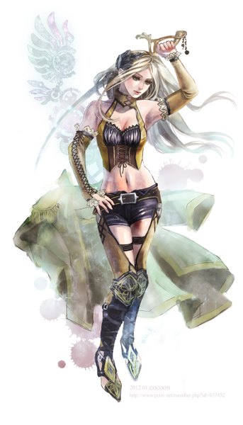 Anime picture 781x1364 with final fantasy final fantasy vi square enix celes chere cocoon single long hair tall image blush simple background blonde hair white background bare shoulders signed yellow eyes girl navel hair ornament weapon detached sleeves