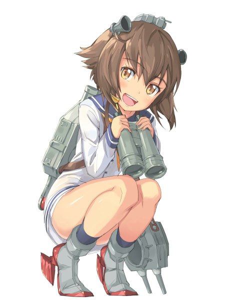 Anime picture 900x1200 with kantai collection yukikaze destroyer michairu single tall image looking at viewer blush short hair open mouth simple background brown hair white background brown eyes squat jpeg artifacts girl dress weapon shoes gun