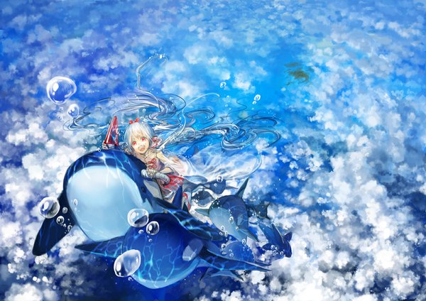 Anime picture 1000x707 with original biji single long hair looking at viewer blush open mouth smile red eyes sitting blue hair sky cloud (clouds) from above happy underwater girl animal water bubble (bubbles)