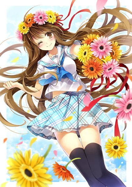Anime picture 707x1000 with original top of moe 2013 hagiwara rin single long hair tall image looking at viewer blush smile brown hair brown eyes ahoge one eye closed wind wink border plaid skirt outside border girl thighhighs