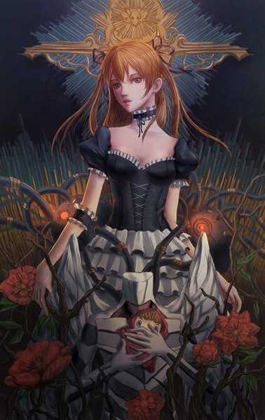 Anime picture 2214x3508 with neon genesis evangelion gainax soryu asuka langley shikinami asuka langley sunday-zjy single long hair tall image looking at viewer highres blue eyes brown hair girl dress flower (flowers) choker frills wire (wires)