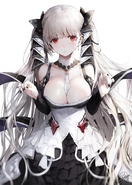Anime picture 858x1200 with azur lane formidable (azur lane) iori (cpeilad) single long hair tall image looking at viewer blush breasts light erotic simple background red eyes large breasts standing white background twintails signed cleavage upper body nail polish