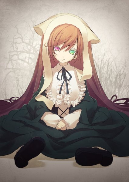 Anime picture 900x1271 with rozen maiden suiseiseki nilitsu single long hair tall image looking at viewer simple background brown hair sitting grey background heterochromia girl dress cap