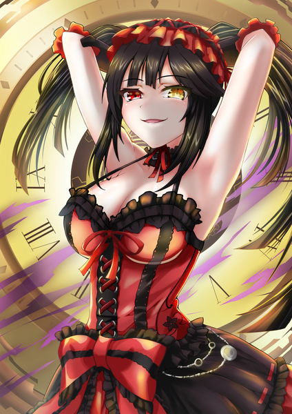 Anime picture 1447x2047 with date a live tokisaki kurumi suzuki (white-world) single long hair tall image looking at viewer blush fringe breasts open mouth light erotic black hair smile red eyes large breasts twintails yellow eyes cleavage arms up