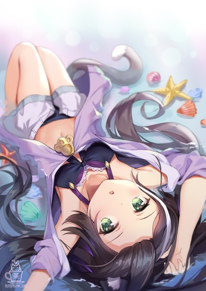Anime picture 1000x1410 with princess connect! re:dive princess connect! karyl (princess connect!) aliter single long hair tall image looking at viewer blush fringe open mouth black hair green eyes signed animal ears payot bent knee (knees) tail lying animal tail