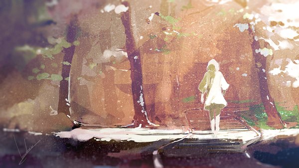 Anime picture 1920x1080 with original loundraw single highres short hair wide image standing signed from behind back walking silhouette girl plant (plants) tree (trees) road