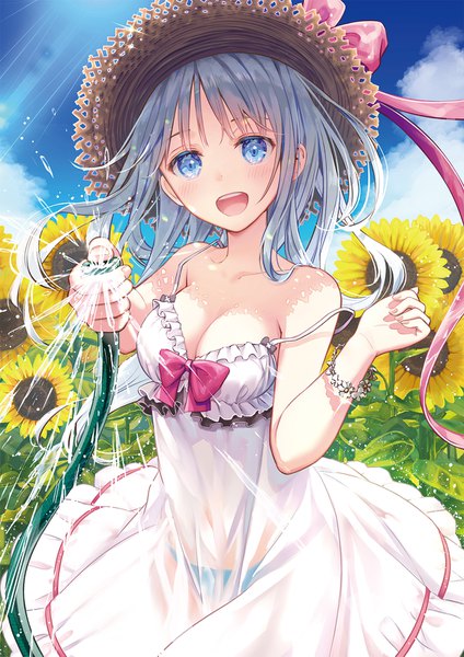 Anime picture 1158x1637 with original moe2020 akasaka asa single long hair tall image looking at viewer blush fringe breasts open mouth blue eyes light erotic smile standing bare shoulders holding blue hair sky cleavage