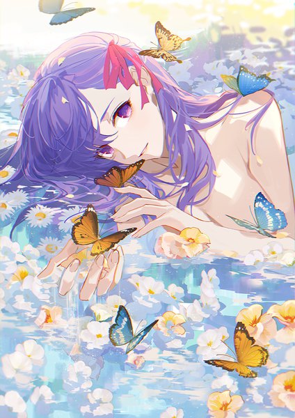 Anime picture 800x1132 with fate (series) fate/stay night matou sakura satsuya single long hair tall image looking at viewer fringe light erotic hair between eyes purple eyes purple hair no bra partially submerged butterfly on hand girl flower (flowers) ribbon (ribbons) hair ribbon