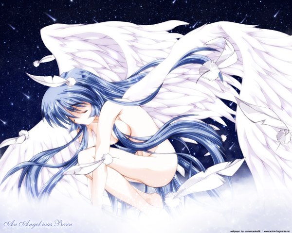 Anime picture 1280x1024 with air key (studio) kannabi no mikoto kanna long hair light erotic blue hair angel shooting star wings feather (feathers)