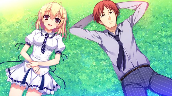 Anime picture 2560x1440 with reminiscence nozomi (reminiscence) tomose shunsaku highres short hair blonde hair wide image brown eyes game cg red hair lying girl dress boy shirt necktie