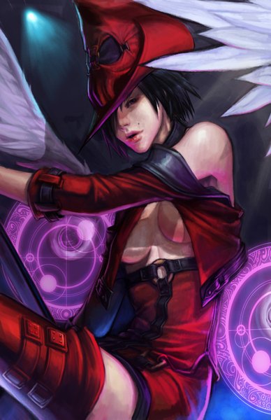 Anime picture 1000x1545 with guilty gear i-no noa ikeda single tall image looking at viewer fringe short hair breasts open mouth light erotic black hair sitting purple eyes bare shoulders hair over one eye mole magic white wings girl