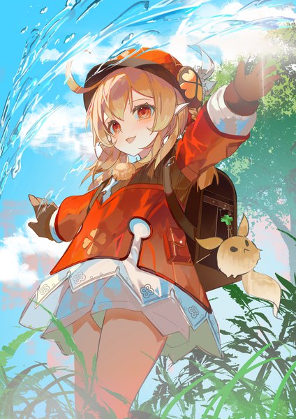 Anime picture 2777x3926 with genshin impact klee (genshin impact) dodoco (genshin impact) zc ling single long hair tall image highres open mouth blonde hair red eyes looking away sky cloud (clouds) ahoge outdoors :d spread arms girl gloves