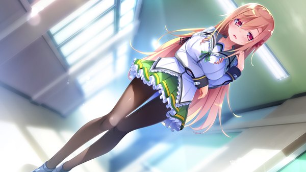 Anime picture 1280x720 with hanikami clover studio ryokucha suoh emiru kazu kakao single long hair blush fringe breasts open mouth blonde hair hair between eyes wide image large breasts standing game cg indoors pleated skirt pink eyes sunlight