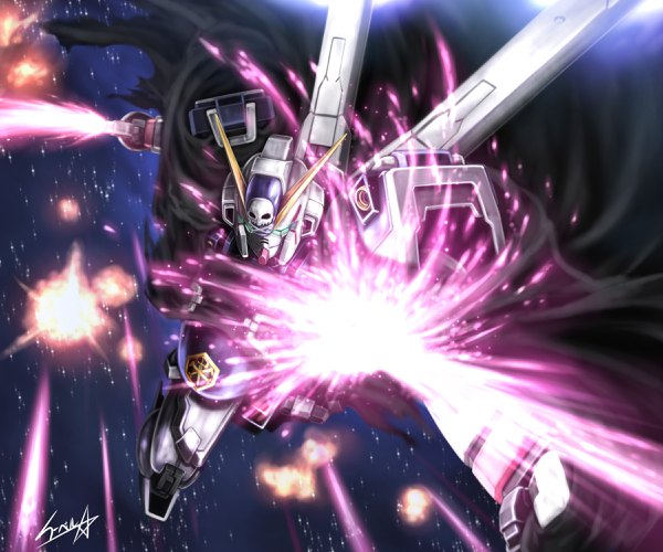 Anime picture 2400x2000 with mobile suit gundam crossbone gundam sunrise (studio) crossbone gundam x-1 eblmeka highres signed no people space battle beam cape skull mecha