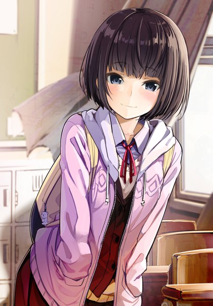 Anime picture 1428x2044 with original musk tiger single tall image looking at viewer blush fringe short hair black hair smile indoors blunt bangs long sleeves wind black eyes sunlight open clothes leaning leaning forward hands in pockets