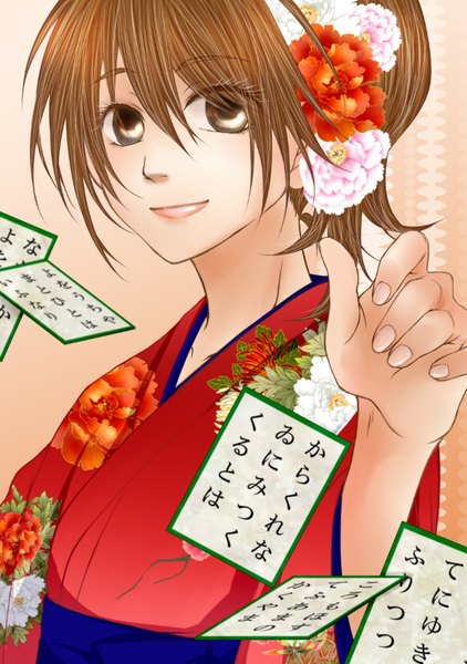 Anime picture 580x824 with chihayafuru madhouse ayase chihaya oyatunoousama single tall image looking at viewer fringe hair between eyes brown hair brown eyes upper body traditional clothes japanese clothes hair flower fingernails lips floral print iroha karuta girl