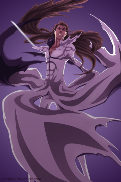 Anime picture 1384x2078 with bleach studio pierrot aizen sousuke marxedp single long hair tall image simple background smile brown hair traditional clothes japanese clothes pink eyes coloring purple background boy weapon sword kimono katana