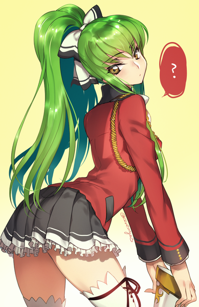 Anime picture 650x1001 with code geass sunrise (studio) c.c. creayus single long hair tall image looking at viewer fringe breasts light erotic simple background standing signed yellow eyes ass ponytail pleated skirt looking back green hair