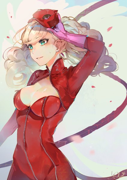 Anime picture 846x1200 with persona 5 persona takamaki anne yu chien (yuchien4221) single long hair tall image blush fringe breasts simple background blonde hair smile twintails signed parted lips arm up aqua eyes sparkle covered navel