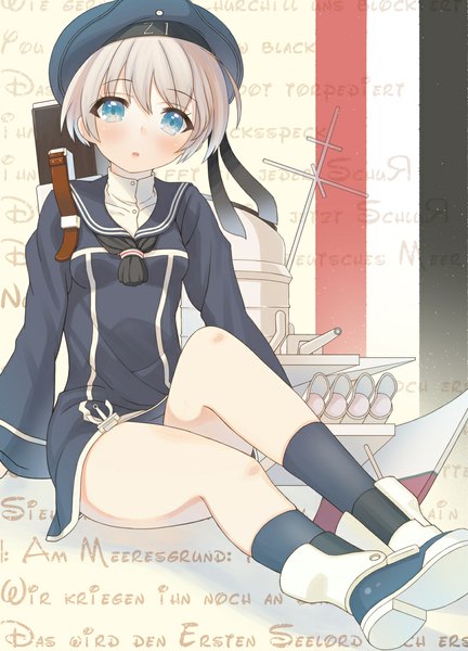 Anime picture 849x1179 with kantai collection z1 destroyer (leberecht maass) z1 leberecht maass at-yui single tall image looking at viewer blush short hair blue eyes blonde hair sitting german girl dress socks shoes black socks beret