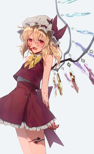 Anime picture 2240x3648 with touhou flandre scarlet greenkohgen single tall image fringe highres short hair open mouth simple background blonde hair hair between eyes red eyes standing fang (fangs) sleeveless blood on face girl skirt hat