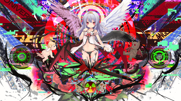 Anime picture 1143x640 with original nanashina (artist) long hair looking at viewer light erotic red eyes wide image silver hair loli angel wings bat wings demon wings angel demon multicolored multiple wings asymmetrical wings girl dress underwear